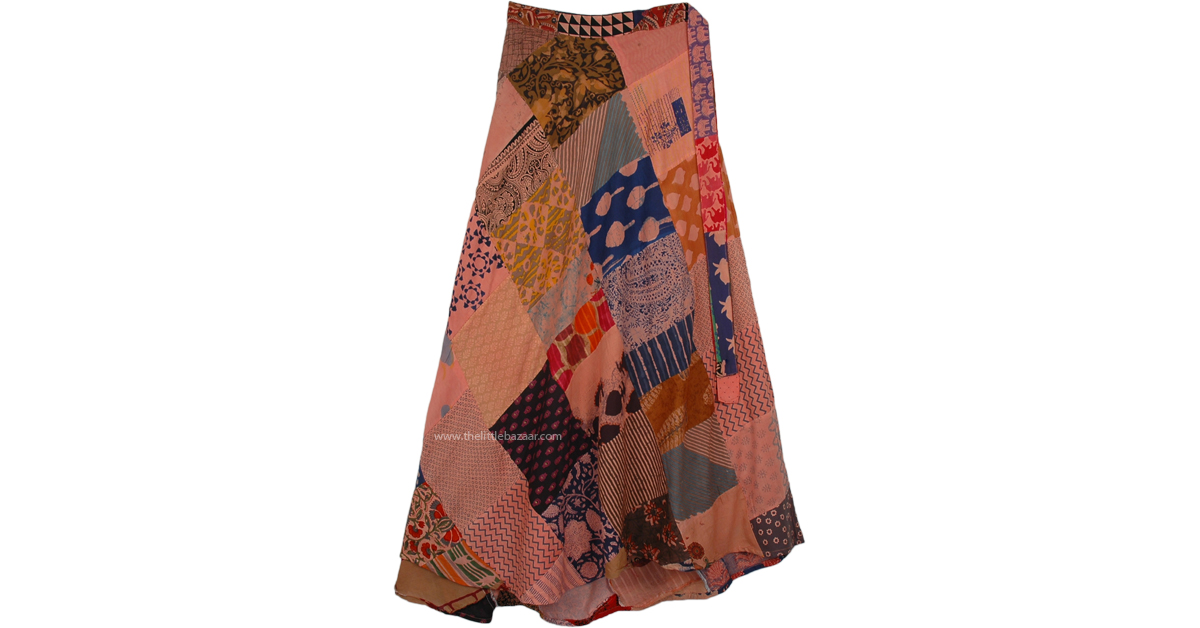Contessa Desert Sand Colored Long Hippie Wrap Skirt with Patchwork