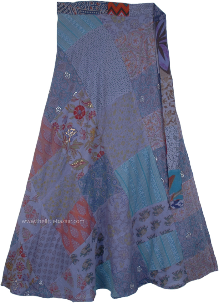 Blue Bayoux Long Cotton Wrap Skirt with Patchwork