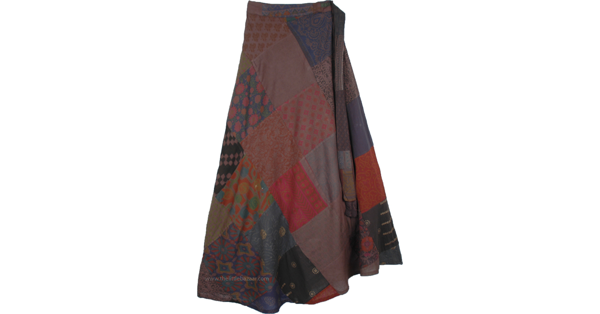 Deep Earth Tones Hippie Cotton Patchwork Wrap Around Skirt | Grey ...