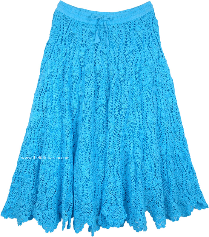 Full Cotton Crochet Skirt in Seagull Blue Mid Length