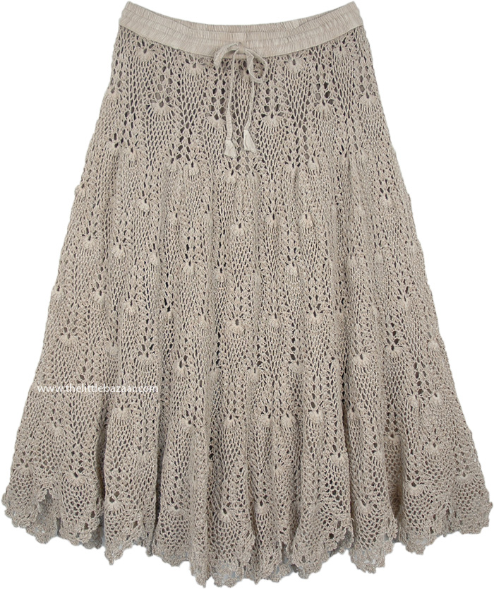 Beige Cotton Crochet Long Mid Length Skirt, Beige Taupe Country Style Crochet Skirt Mid Length