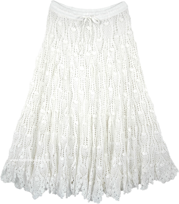 White Cotton Crochet Mid Length Pixie Skirt, Scalloped Hem Crochet Pure White Mid Length Skirt