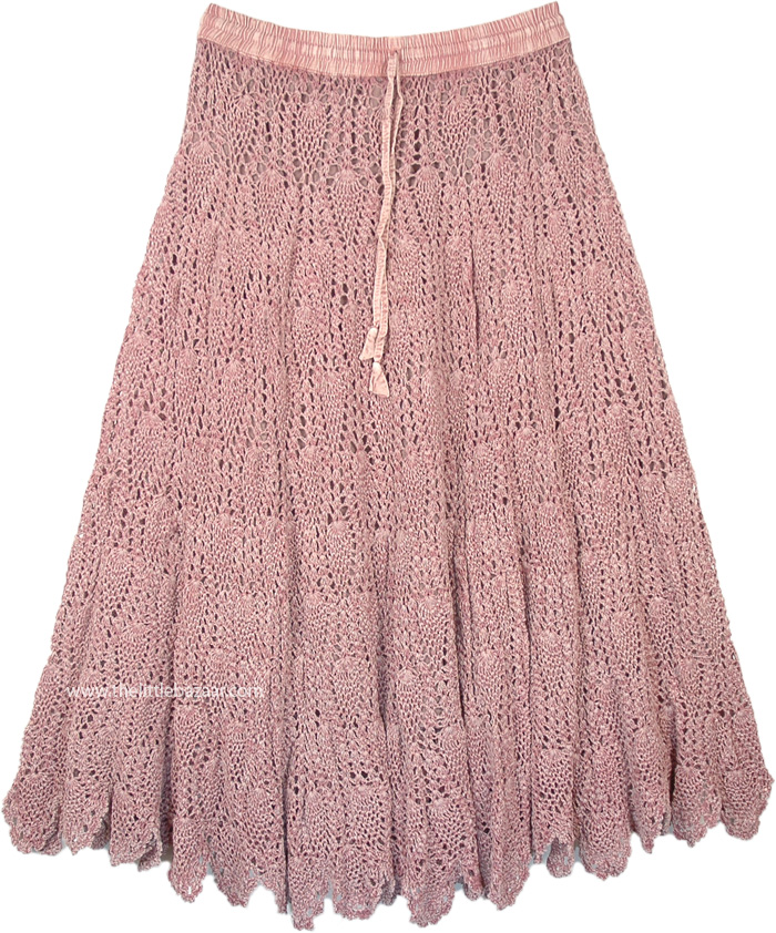 Dusty Pink Mid Length Crochet Womens Summer Skirt, Turkish Rose Mid Length Crochet Cotton Summer Skirt