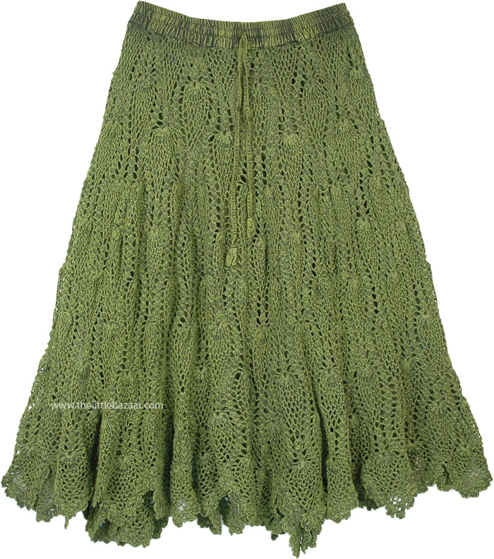 Pickle Green Mid Length Cotton Crochet Hippie Skirt, Stonewash Pickle Green Mid Length Cotton Western Skirt