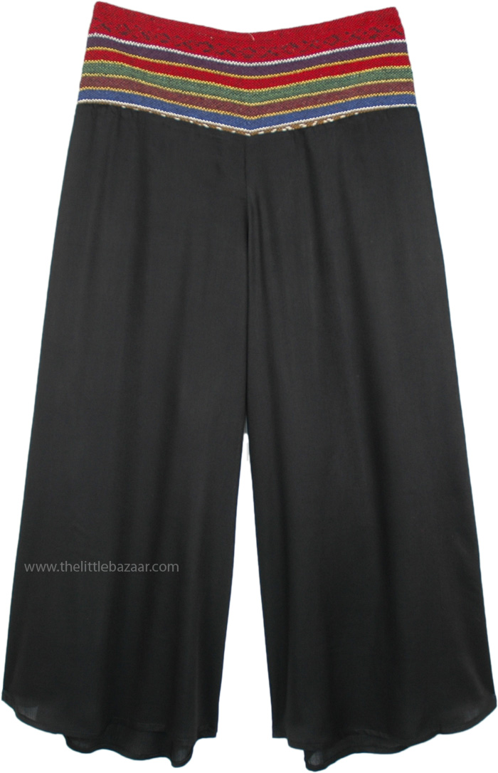 Black Rayon Summer Pants with Hand Woven Cotton Waistband