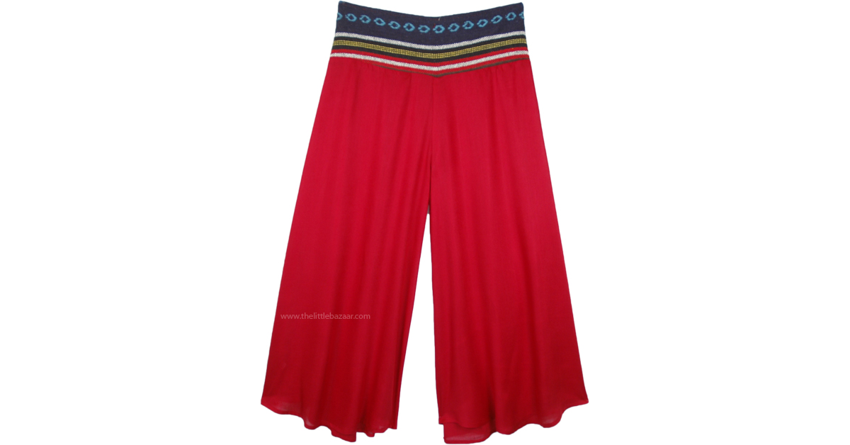 Scarlet Red Wide Leg Pants with Cotton Woven Waistband | Red | Split ...