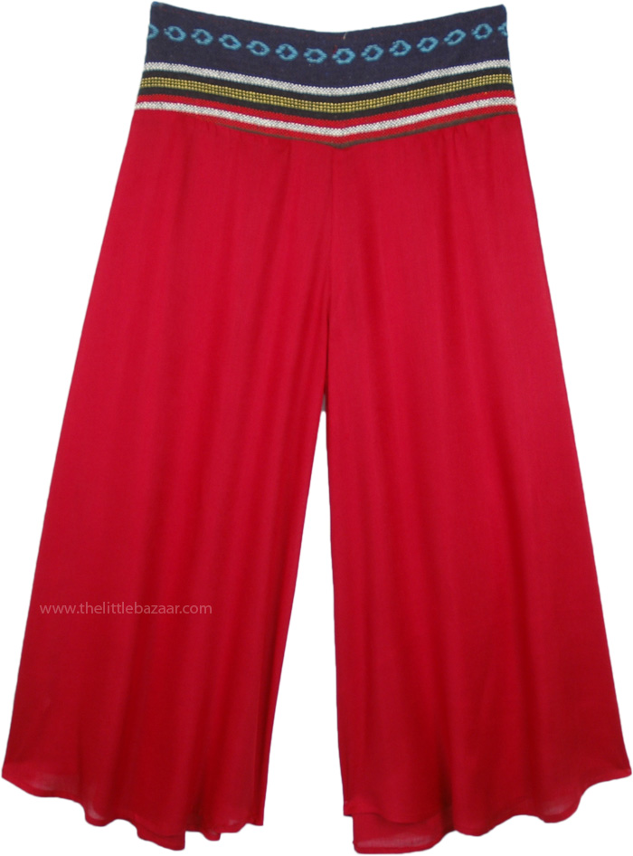 Free Flowing Woven Waist Boho Scarlet Red Pants, Scarlet Red Wide Leg Pants with Cotton Woven Waistband