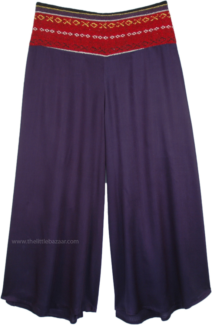 Navy Palazzo Rayon Pants with Woven Cotton Waistband