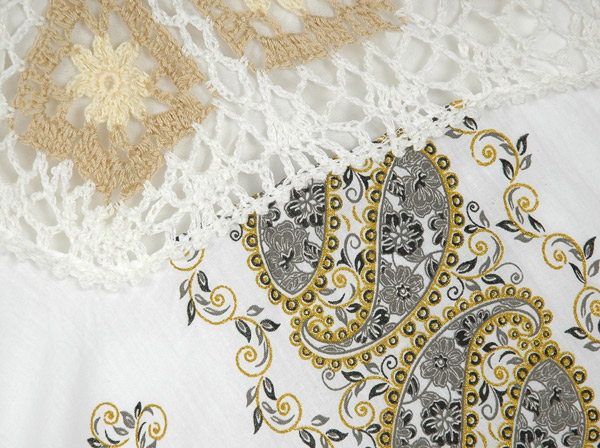 Paisley Hand Stamp Crochet Waist Cotton Skirt in White
