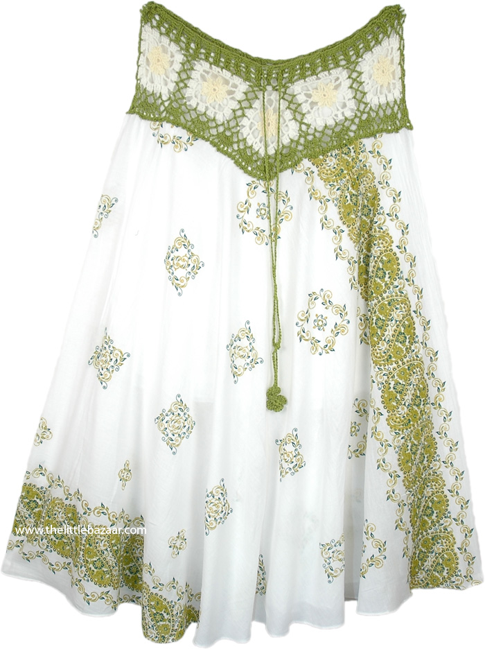 Paisley Pattern Crochet Waist Cotton Skirt in White and Lime