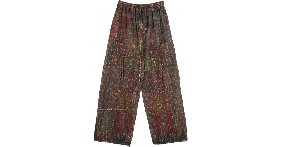Unisex Boho Cotton Seersucker Wide Leg Pants with Pockets in Bark Brown