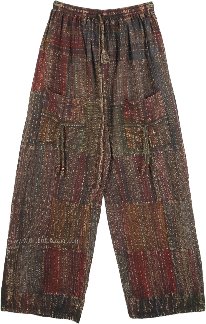 Unisex Boho Cotton Seersucker Wide Leg Pants with Pockets in Bark Brown