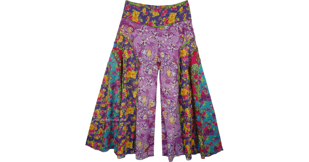 Curved Patch Flared Wide Legs Pants with Floral Print | Multicoloured ...