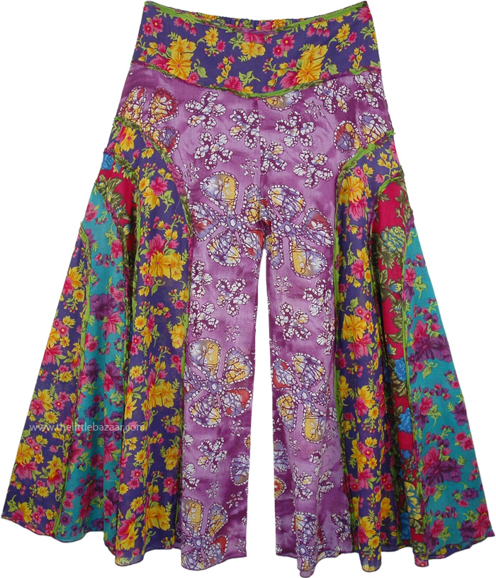 Curved Patch Flared Wide Legs Pants with Floral Print