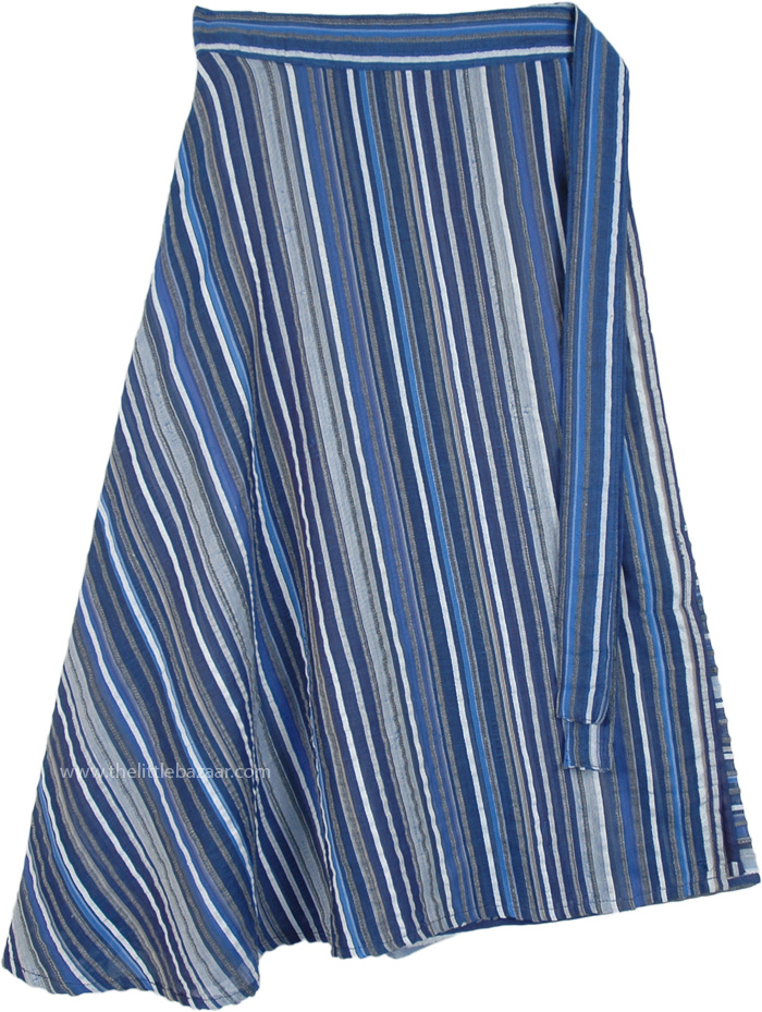 Blue Grey Striped Cotton Mid Length Wrap Around Skirt