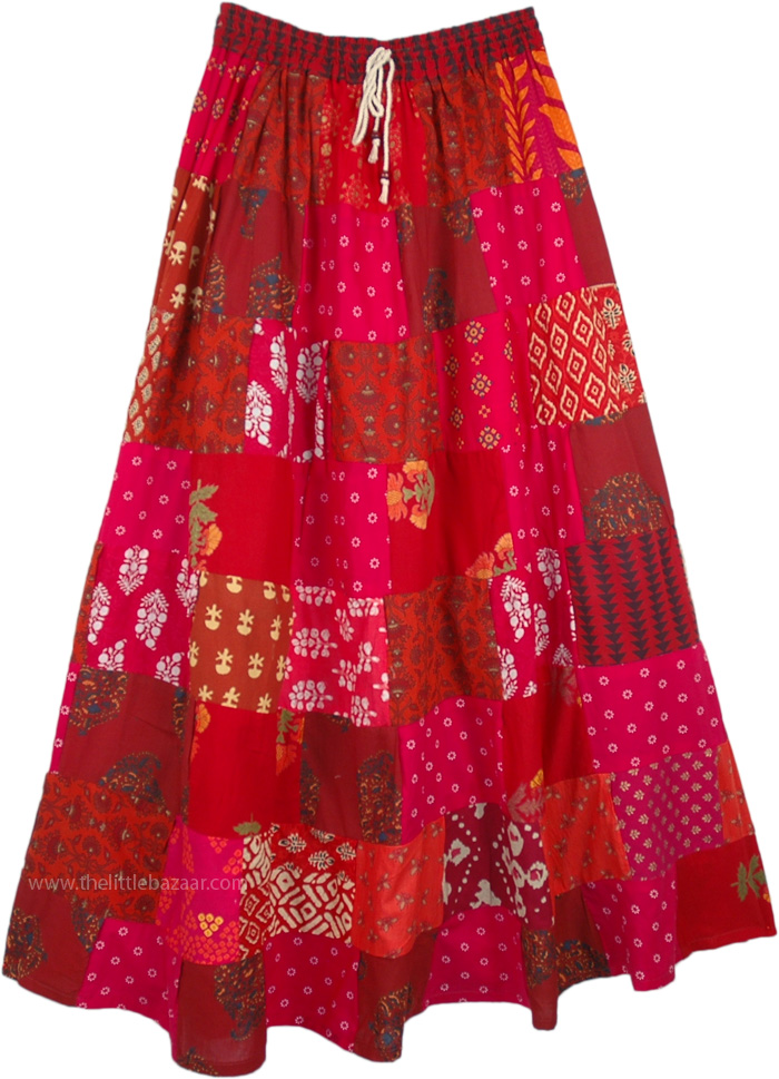 Tiered Red Pink Patchwork Style Cotton Long Gypsy Skirt | Pink ...