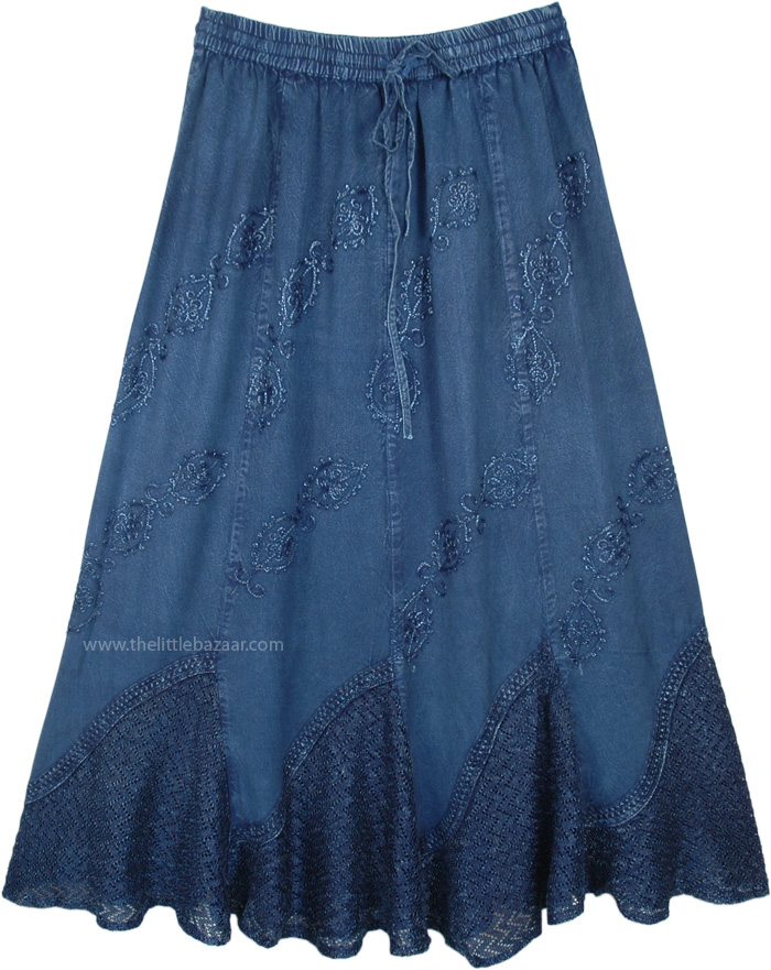 Stonewashed Denim Blue Cowboy Skirt with Embroidery, Denim Blue Embroidered Gypsy Skirt Medieval Western Wear