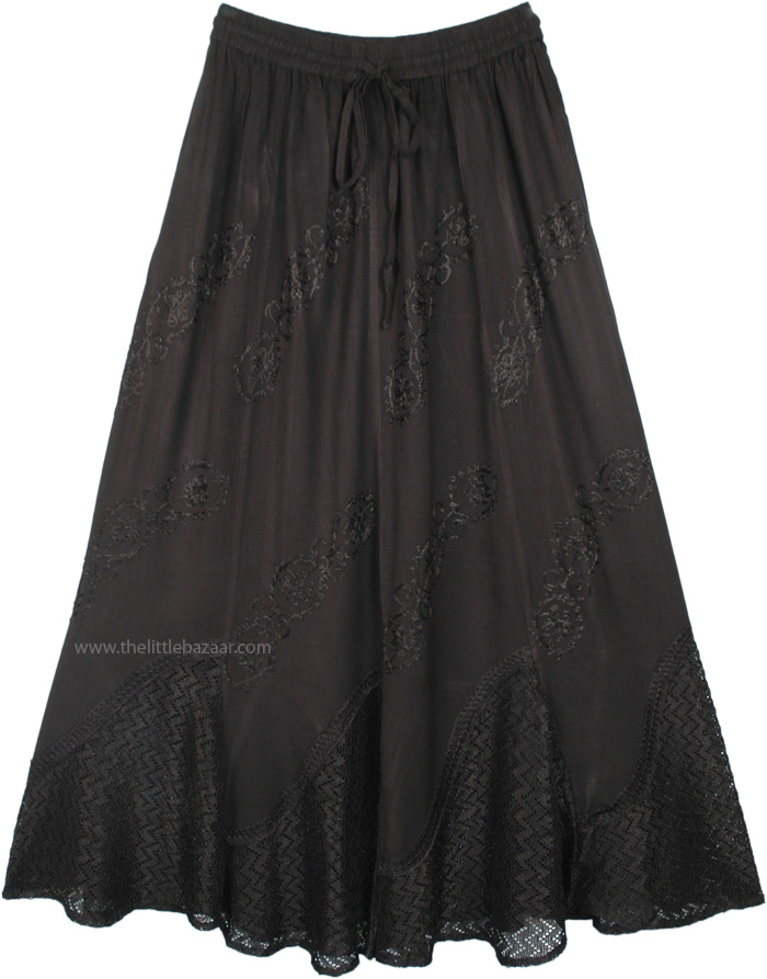 Western Rodeo Jet Black Boho Skirt with Embroidery