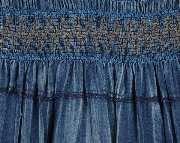 Denim Blue Smocked Waist Long Tiered Skirt Dress with Beads