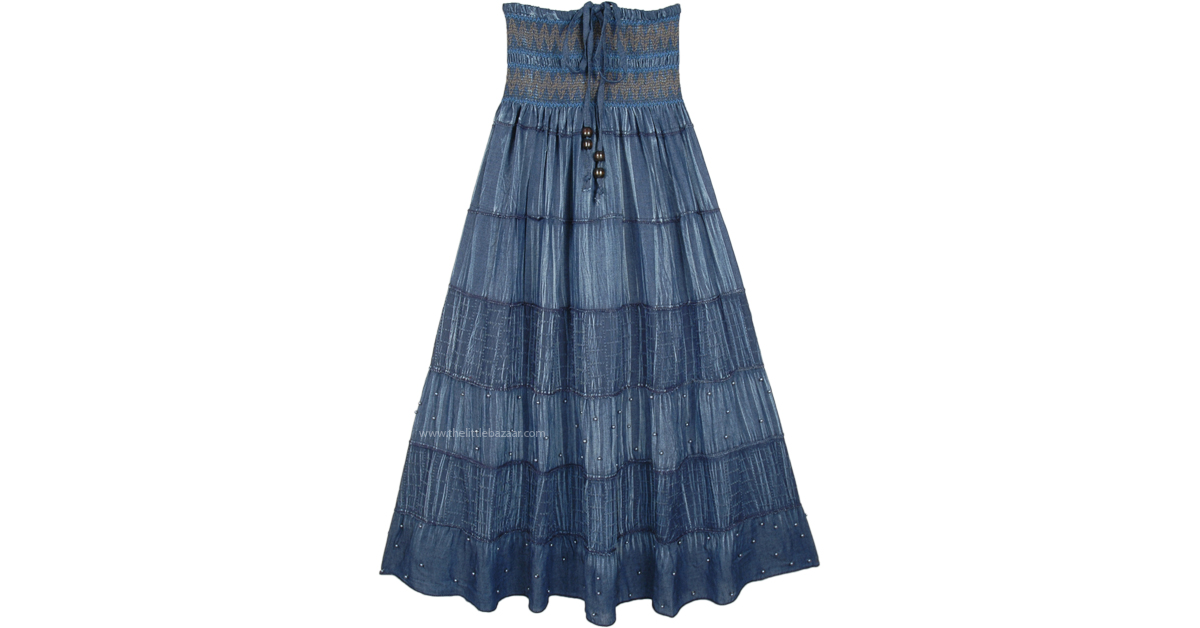 Denim Blue Smocked Waist Long Tiered Skirt Dress with Beads | Blue ...