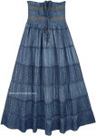 Denim Blue Smocked Waist Long Tiered Skirt Dress with Beads