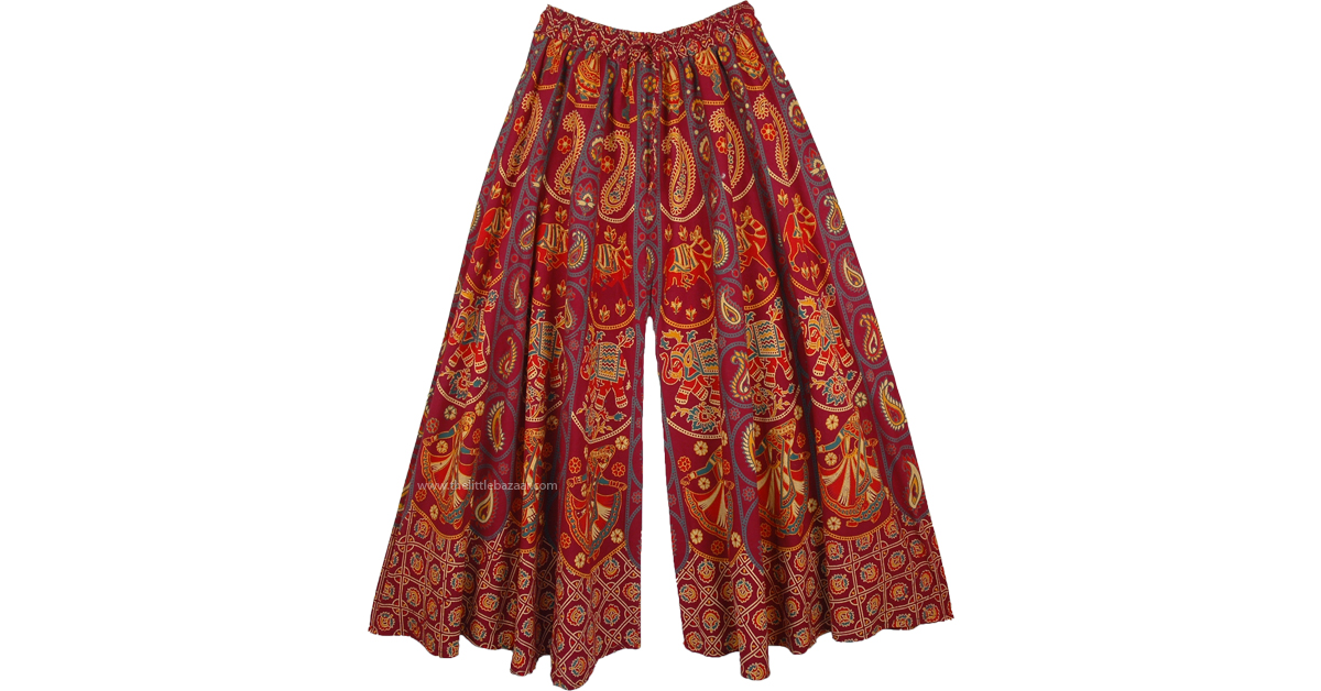 Maroon Wide Leg Full Flare Cotton Elephants Pants for Women | Red ...
