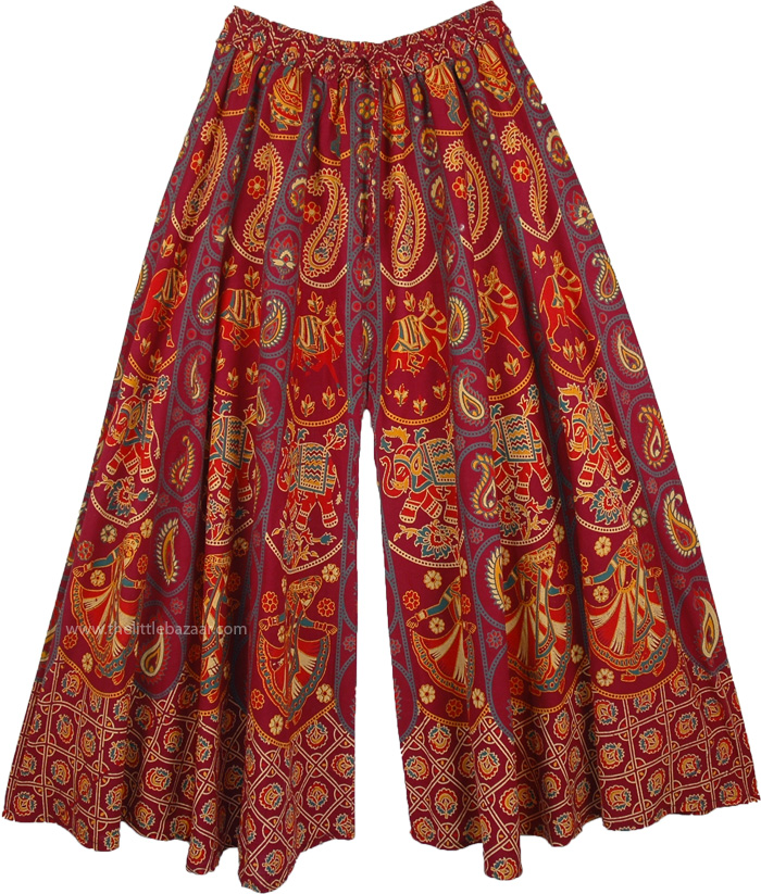 Maroon Wide Leg Full Flare Cotton Elephants Pants for Women