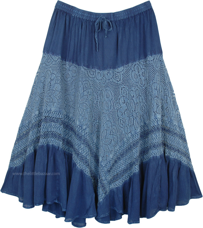Denim Blue Western Skirt with Lacework and Tiers | Blue | Patchwork ...