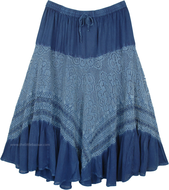 Denim Blue Western Skirt with Lacework and Tiers