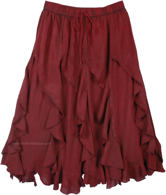 Multiple Spiral Frills Skirt in Deep Blood Red with Elastic Waist and Drawstring, Deep Wine Berry Spiral Ruffles Stonewashed Gypsy Skirt