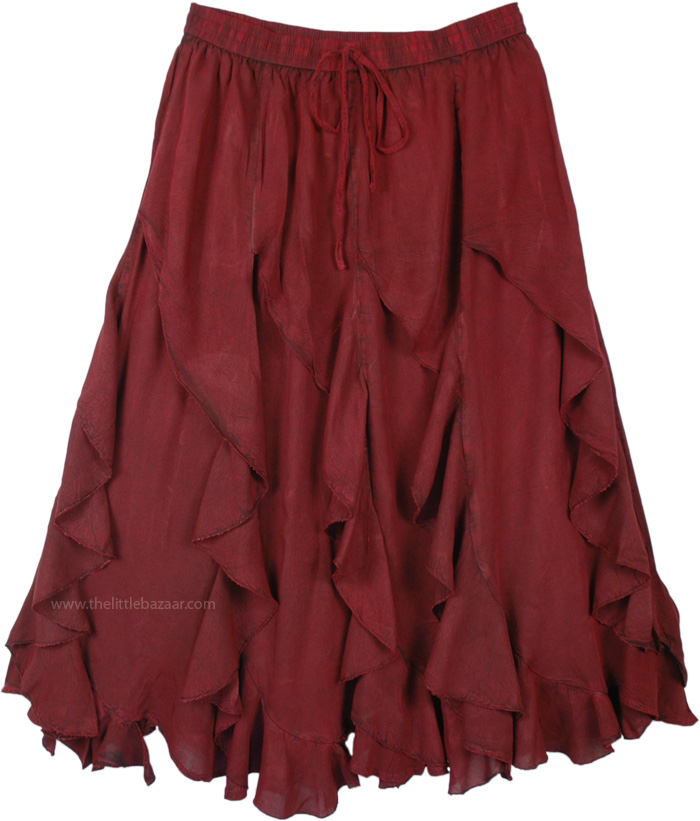 Deep Wine Berry Spiral Ruffles Stonewashed Gypsy Skirt