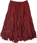 Multiple Spiral Frills Skirt in Deep Blood Red with Elastic Waist and Drawstring [6406]