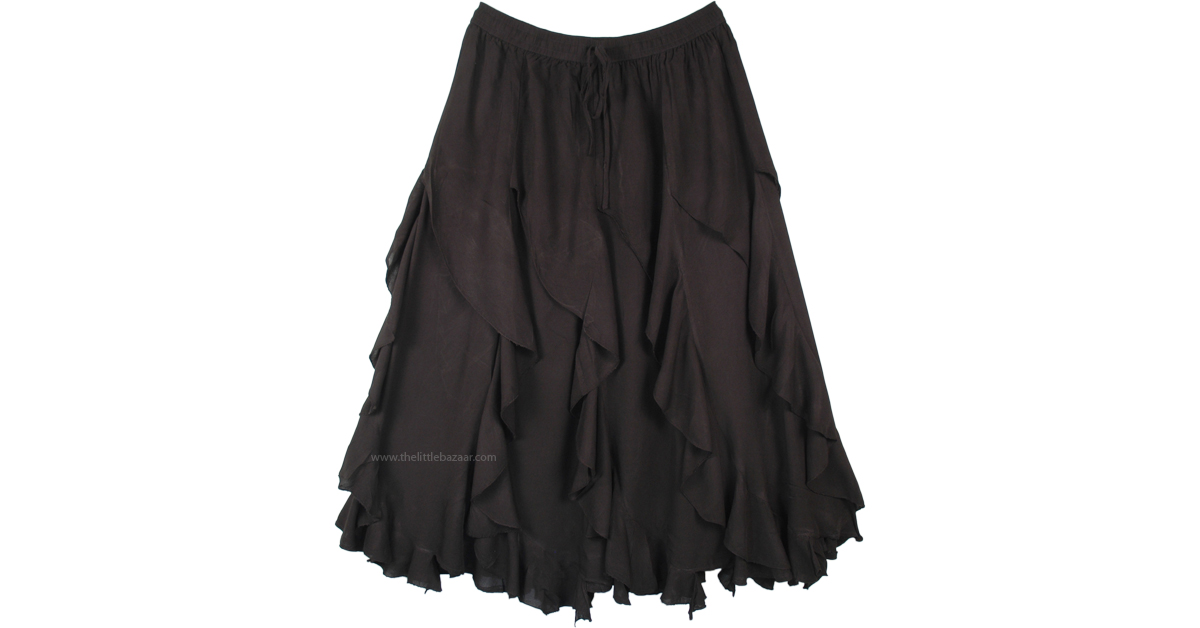 Midnight Black Spiral Ruffles Mid Length Gypsy Skirt | Black | Misses ...