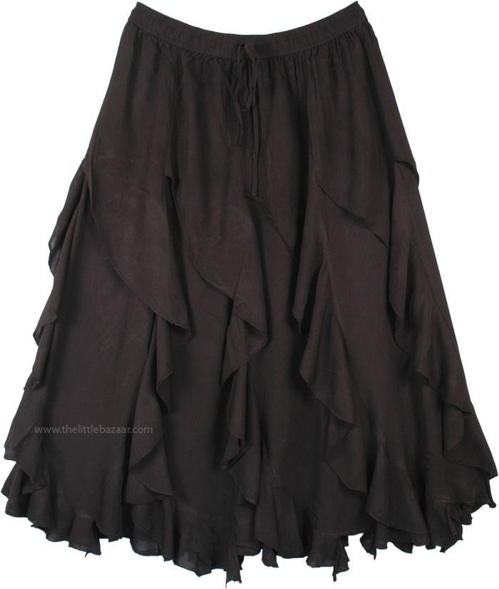 Multiple Spiral Frills Skirt in Black with Adjustable Wasitband, Midnight Black Spiral Ruffles Mid Length Gypsy Skirt