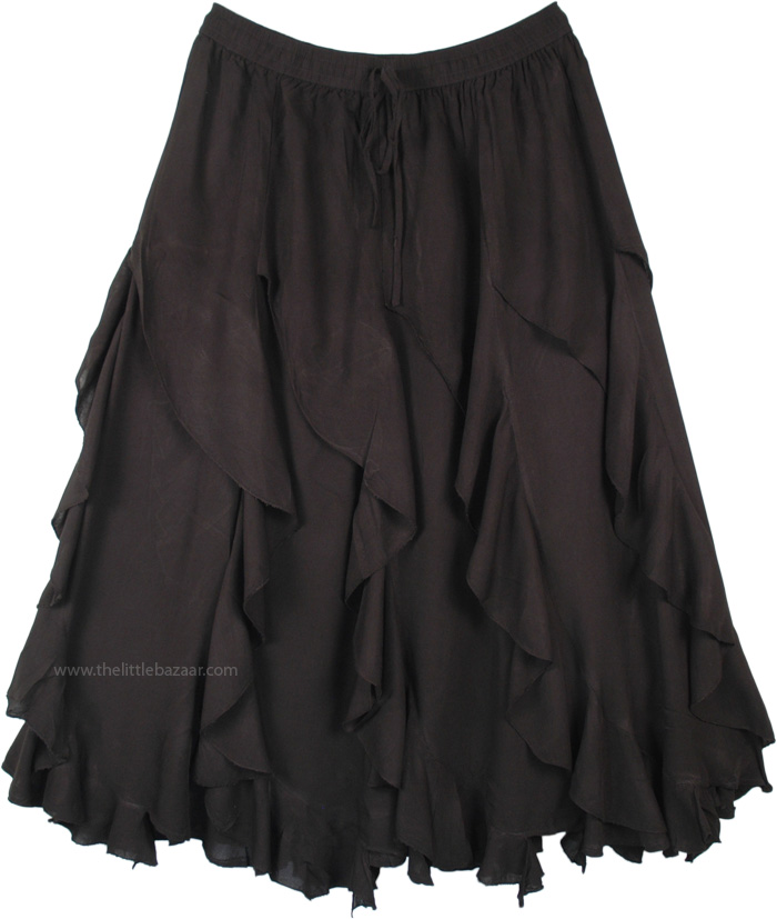Midnight Black Spiral Ruffles Mid Length Gypsy Skirt Black Misses Dance Fall Solid Halloween