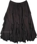 Midnight Black Spiral Ruffles Mid Length Gypsy Skirt