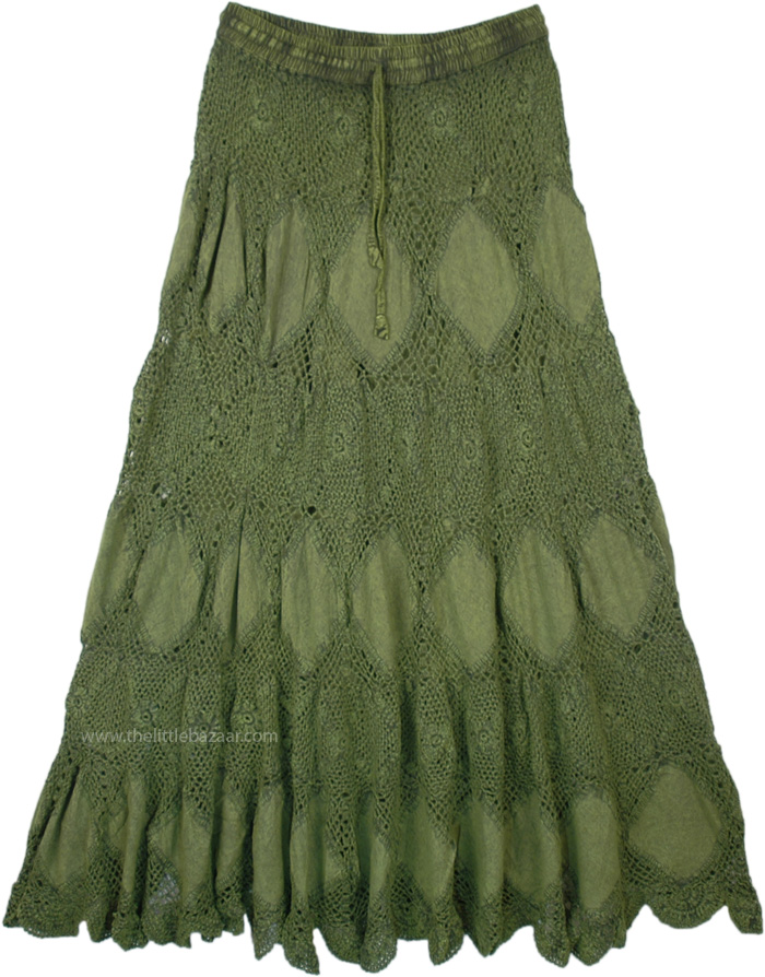 Cool Boho Crochet Skirt in Military Green, Military Green Crochet Patchwork Cotton Hippie Skirt