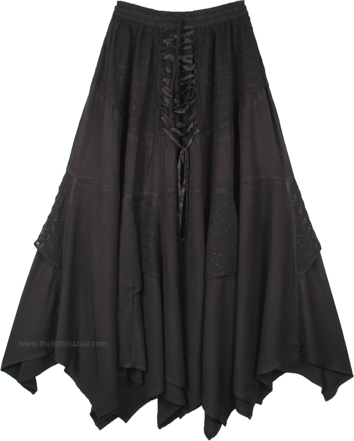 Jet Black Handkerchief Hem Western Long Skirt, Coal Black Medieval Renaissance Western Chic Skirt