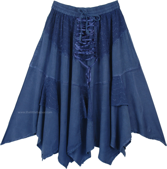 Medieval Mid Length Scottish Skirt Corset Style Waist Handkerchief Hem, Denim Blue Western Mid Length Handkerchief Hem Skirt