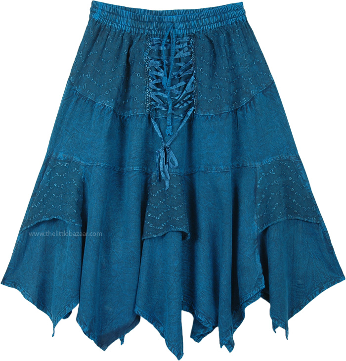 Medieval Scottish Skirt in Teal Midi Length Handkerchief Hem, Teal Rodeo Lace Up Style Handkerchief Hem Mid Length Skirt