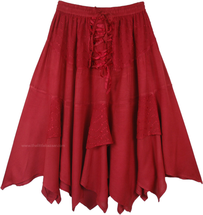 Cherry Red Medieval Mid Length Elastic Waist Handkerchief Hem, Rodeo Cowgirl Mid Length Handkerchief Hem Skirt in Cherry Red