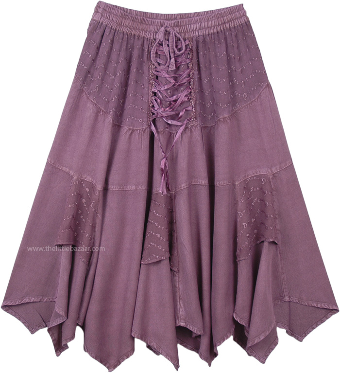 Medieval Scottish Skirt Lavender Midi Length Handkerchief Hem, Lilac Rodeo Lace Up Handkerchief Hem Skirt Midi Length