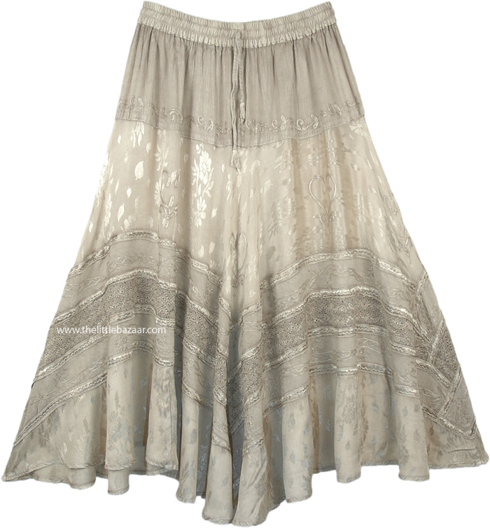 Silver Medieval Renaissance Skirt with Embroidery, Lustrous Silver Midi Length Western Womens Skirt