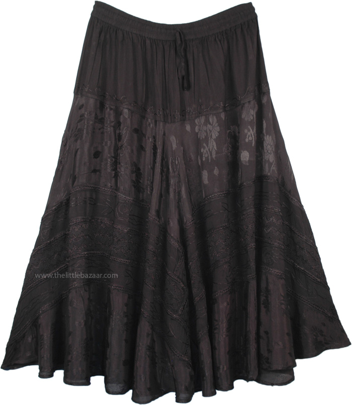 Black Embroidered Western Style Midi Length Skirt