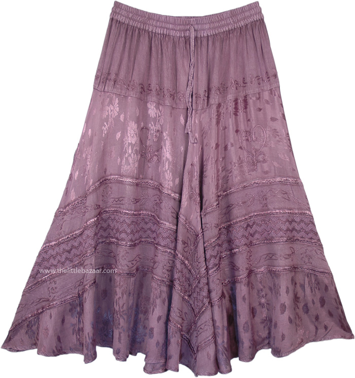 Country Lilac Embroidered Western Style Skirt Midi Length