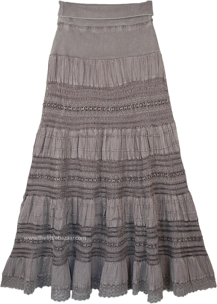 Bohemian Style Ankle Length All Season Cotton Tiered Skirt, Yoga Waist Hurricane Crochet Lace Tiered Long Cotton Skirt
