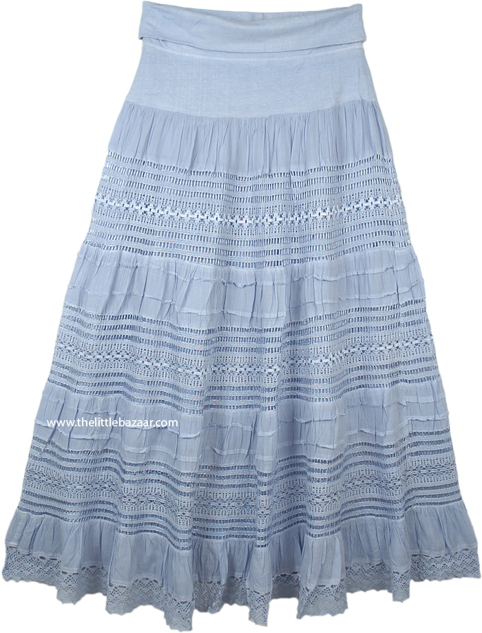Bohemian Style Cotton Tiered Maxi Skirt Yoga Style, Baby Blue Flexible Yoga Waist Maxi Long Cotton Skirt