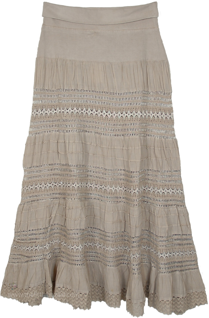 Maxi Brown Long Skirt with Yoga Waistband, Hillary Tiered Yoga Waistband Maxi Skirt