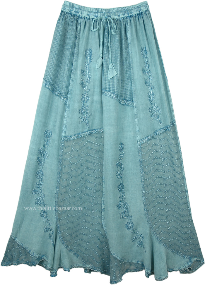 Stonewashed Green Jade Renaissance Skirt with Embroidery, Jade Green Embroidered Patchwork Lace Long Skirt