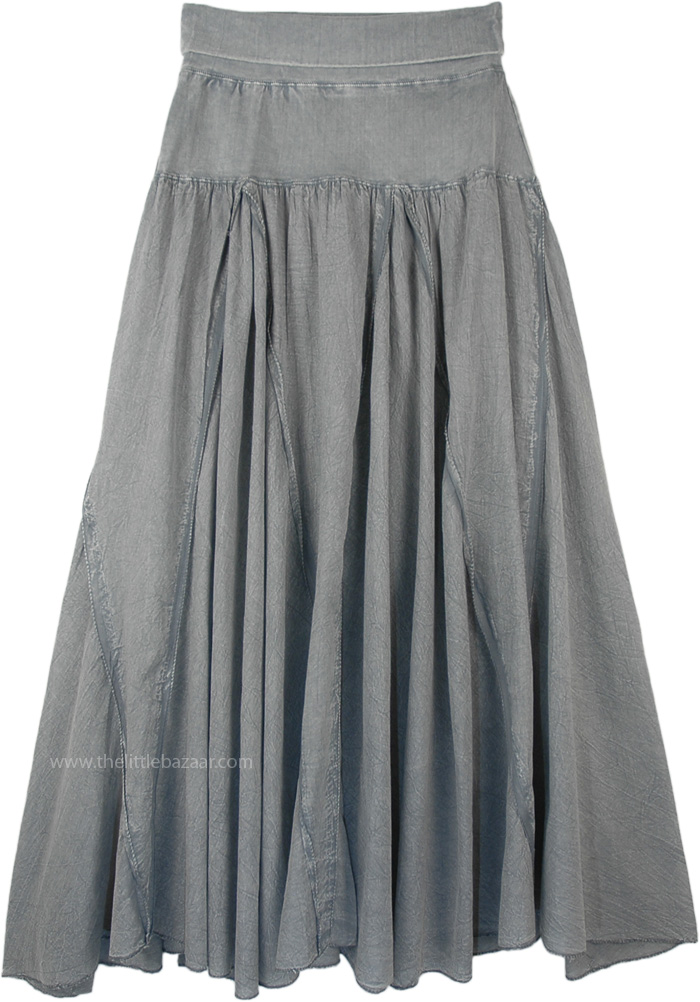 Stonewash Grey Vertical Patchwork Cotton Skirt Flexible Yoga Waist, Stonewashed Steel Gray Cotton Vertical Patchwork Maxi Skirt